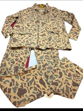 Vintage X CALIBER tan Brown Green CAMO Button Jacket Pants SET, Men's L, Hunting